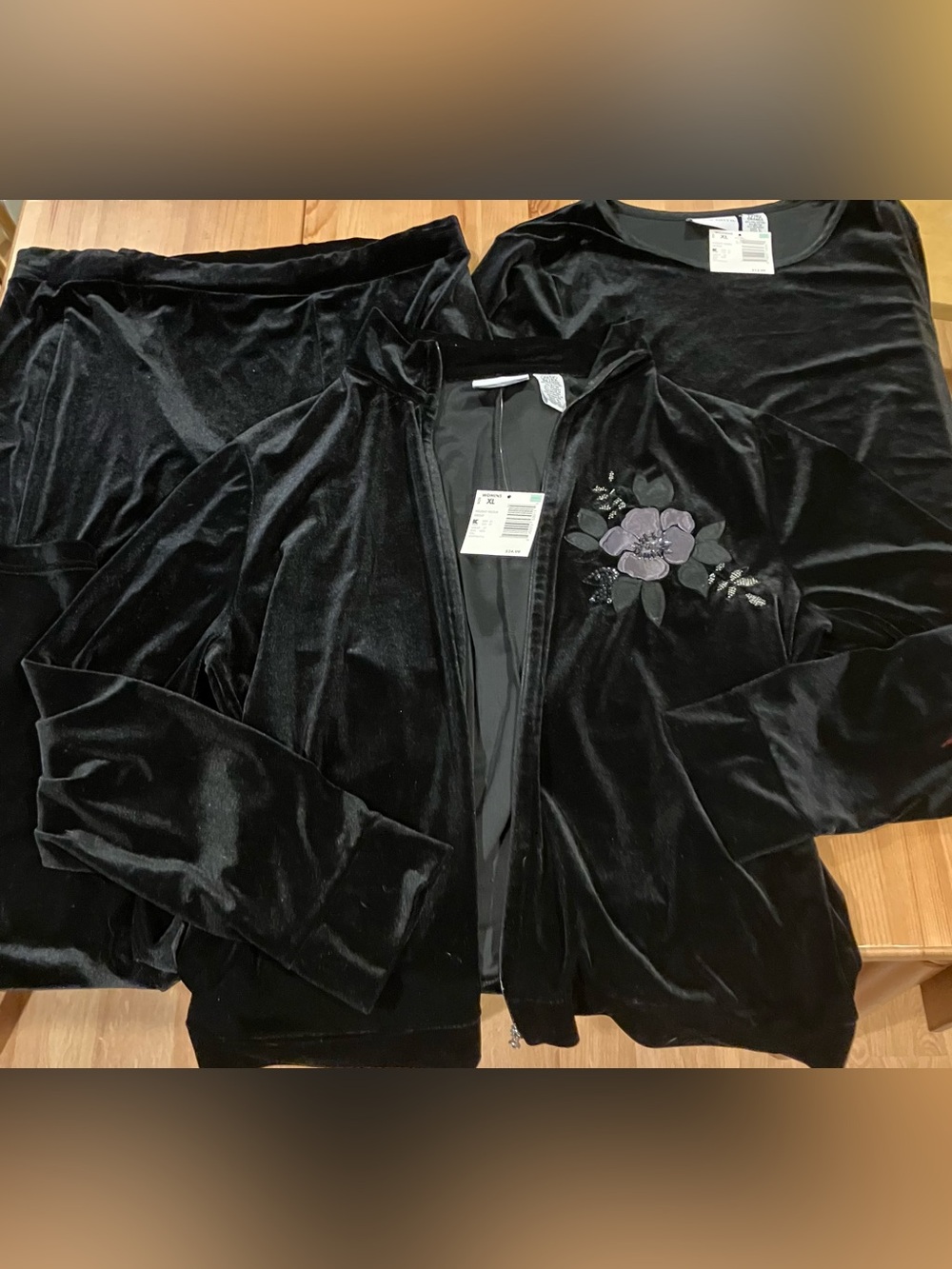 NWT Jaclyn Smith Black Velvet Zip-Up Jacket 3 piece set tops XL Bottom L Vintage